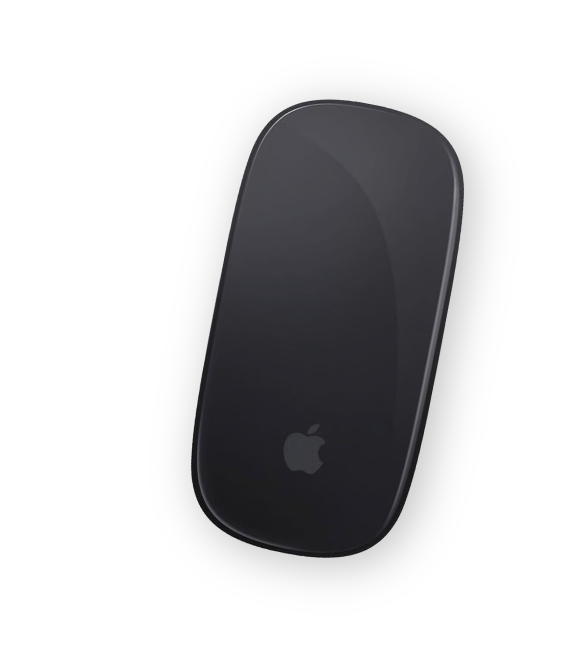 Eine elegante schwarze Apple Magic Mouse wird auf einem hellen Hintergrund gezeigt. Ihr minimalistisches Design zeichnet sich durch glatte, geschwungene Kanten und das Apple-Logo in der unteren Mitte aus.